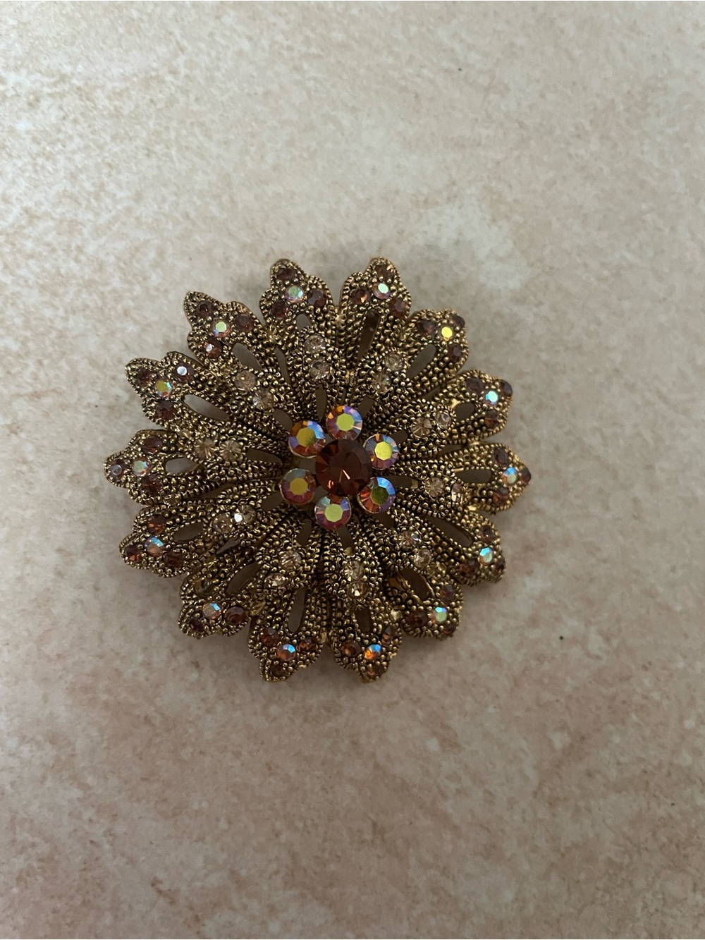 Vintage Gold Aurora Borealis Flower Rhinestone Brooch Pin